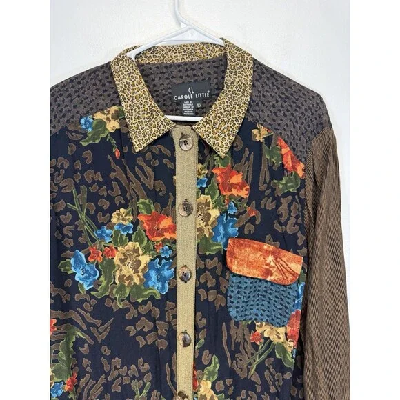 Vtg Carole Little Women Tunic Shirt  Boho Animal Print Floral Button Up Brown 16 - Picture 8 of 13